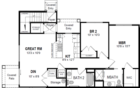 A floor plan of a house with a garage, living room, and kitchen.